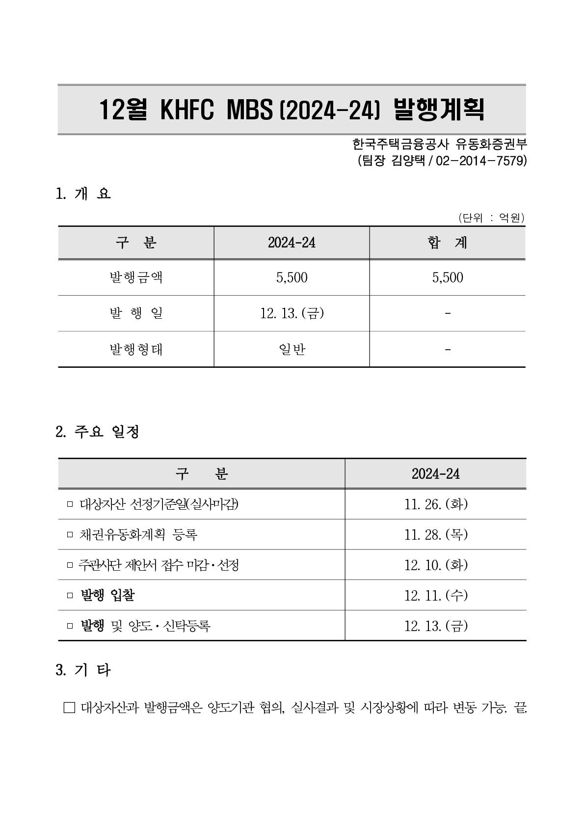 KHFC MBS 2024년 12월 발행계획 첨부 이미지