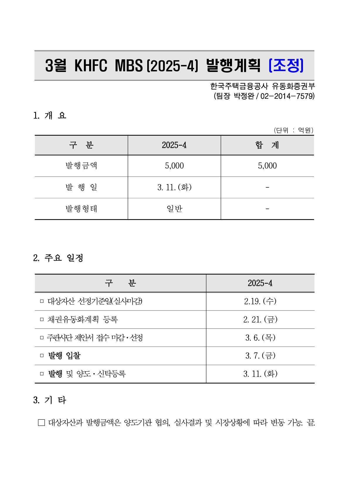 KHFC MBS 2025년 3월 발행계획(수정) 첨부 이미지
