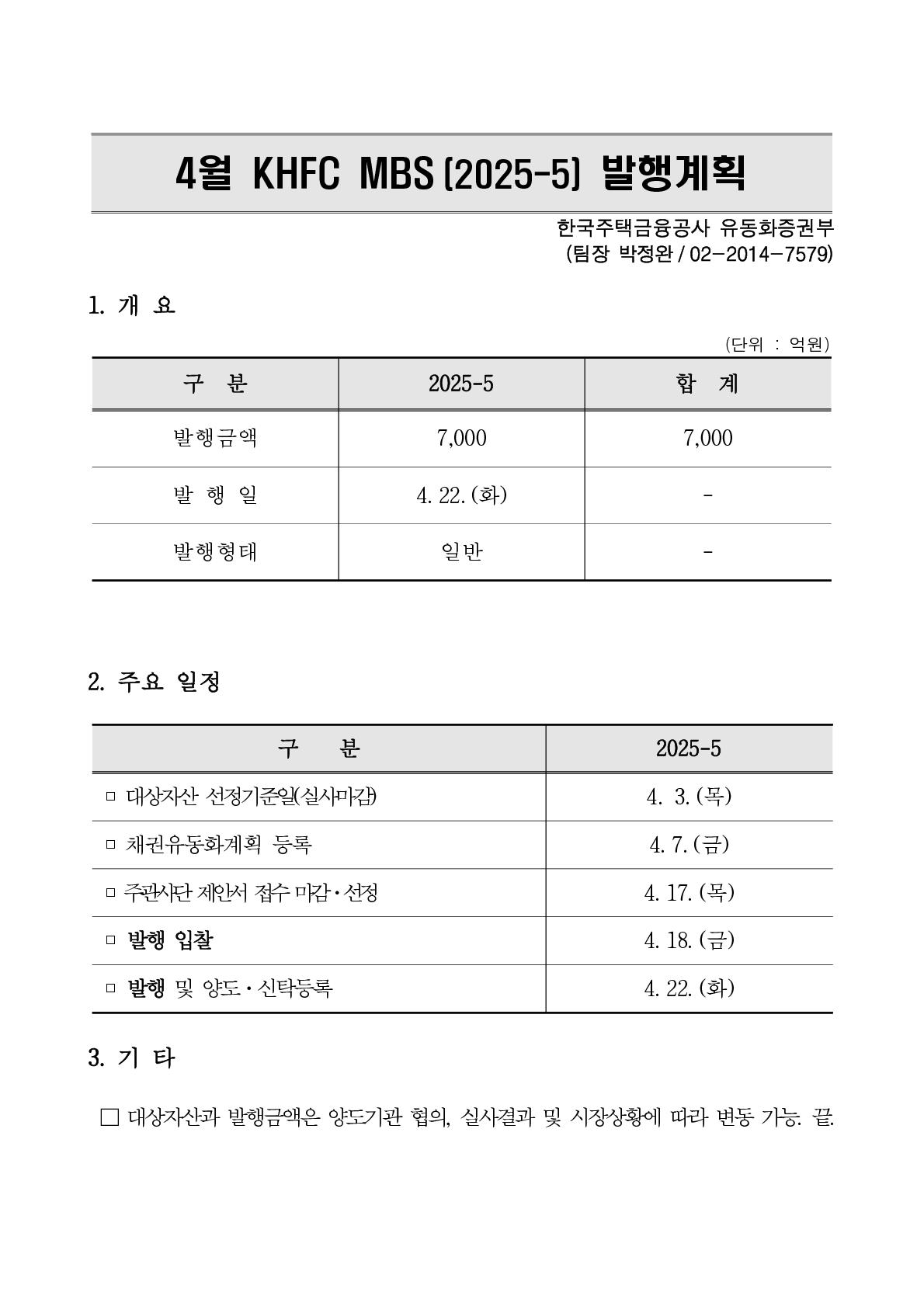 KHFC MBS 2025년 4월 발행계획 첨부 이미지